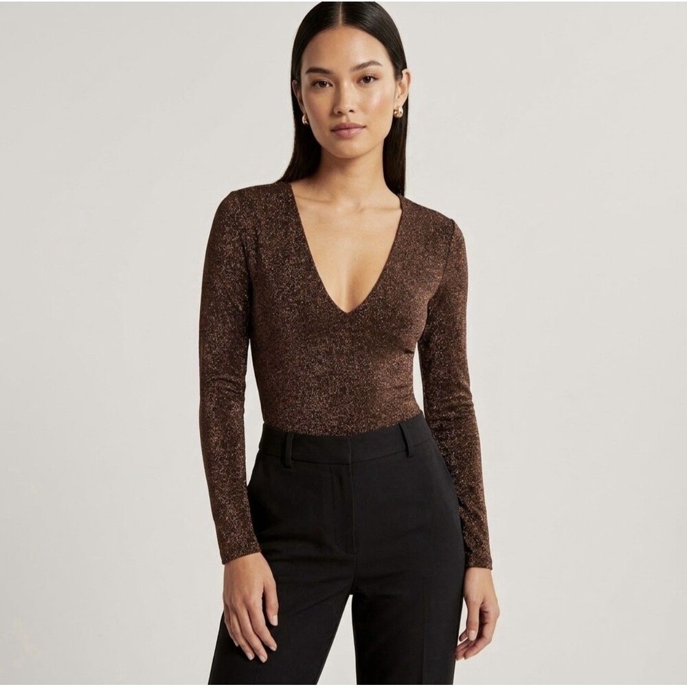 NWT Abercrombie & Fitch Long Sleeve V Neck Sparkle Copper Shimmer Bodysuit XS